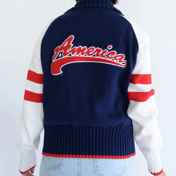 Vintage Route 66 Navy Red Knit Patriotic America 1776 100% Cotton Zip Sweater M - Picture 1 of 11